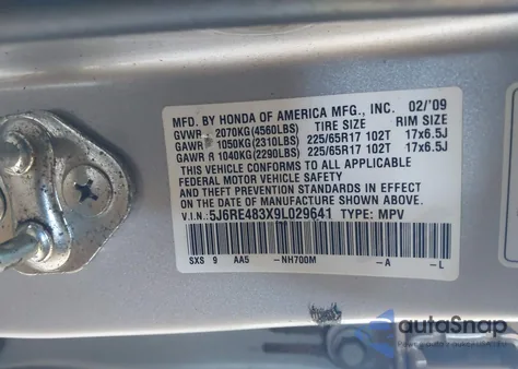 2009 Honda Cr-V Lx из США, поврежденный, VIN 5J6RE483X9L029641